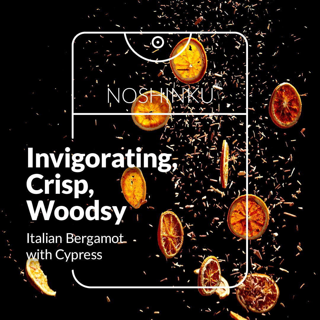 Italian bergamot and cypress scent inspiration for Noshinku Bergamot moisturizing hand sanitizer spray. Exclusively at Area Boutique.