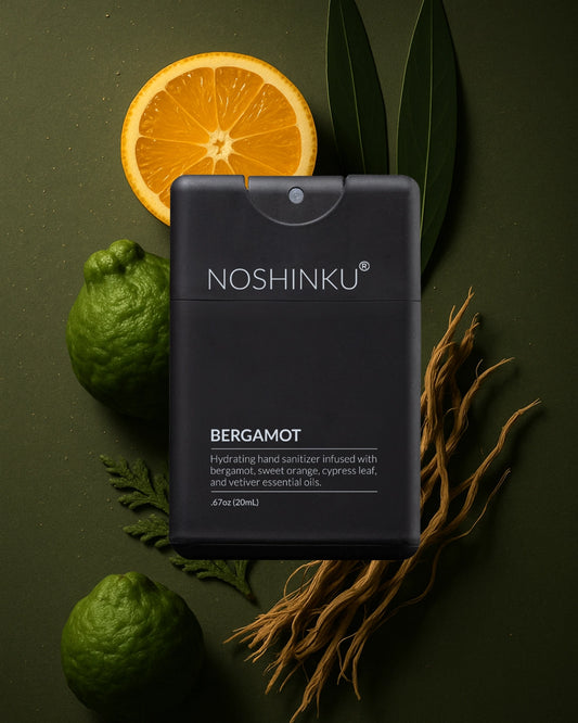 Noshinku Bergamot refillable moisturizing hand sanitizer spray with bergamot, sweet orange, cypress leaf, and vetiver essential oils. Exclusively at Area Boutique.