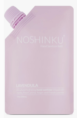 Noshinku Lavendula hand sanitizer refill pouch with moisturizing botanical ingredients and French lavender essential oil.