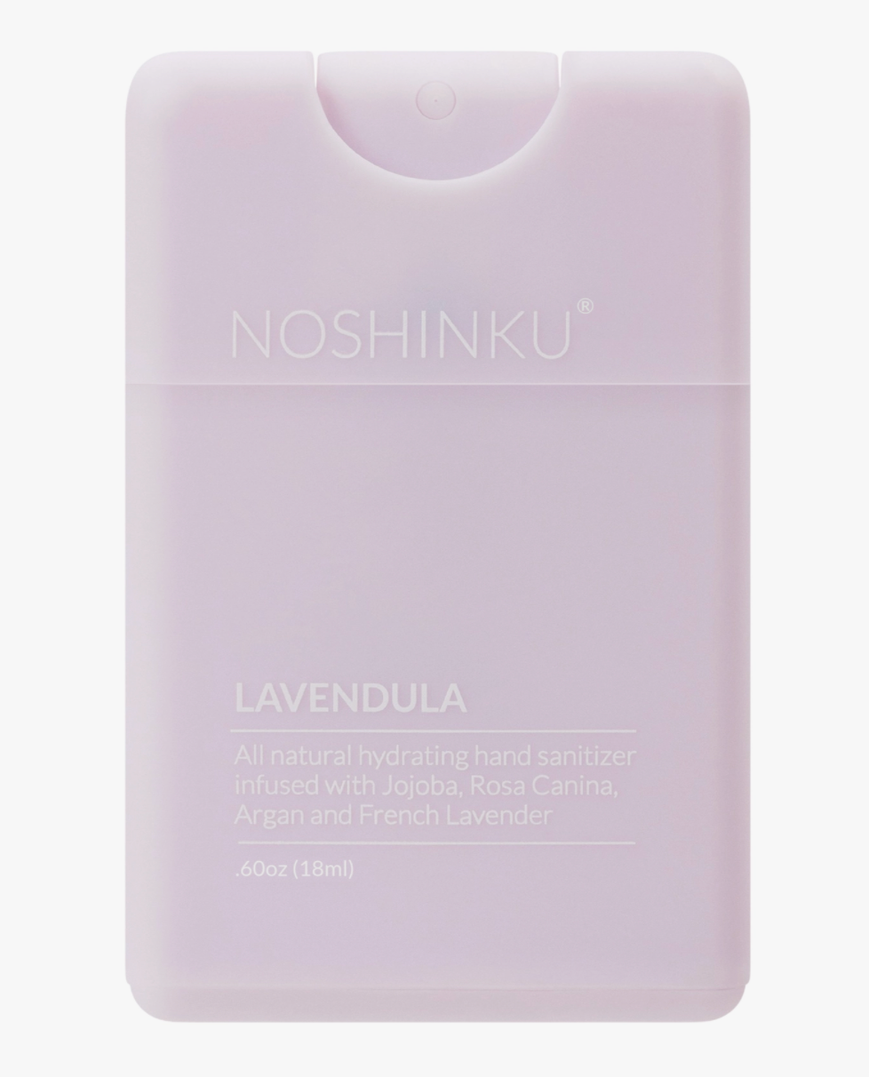 Noshinku Lavendula refillable moisturizing hand sanitizer spray in lavender packaging with French lavender essential oils. Exclusively at Area Boutique.