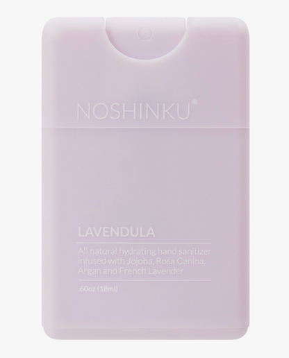 Noshinku Lavendula refillable moisturizing hand sanitizer spray in lavender packaging with French lavender essential oils. Exclusively at Area Boutique.