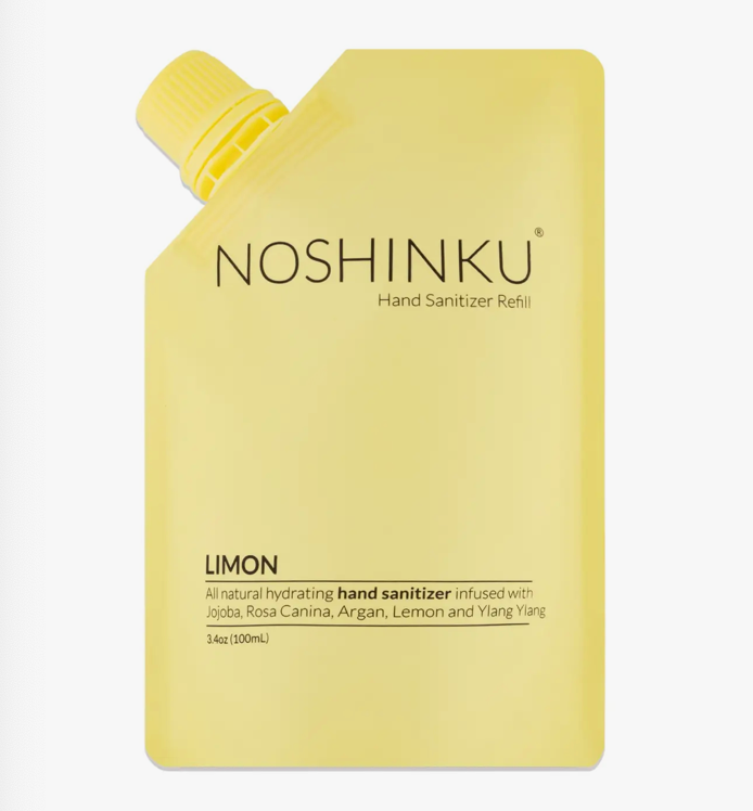 Noshinku Limon hand sanitizer refill pouch with moisturizing botanical ingredients and fresh lemon essential oils.