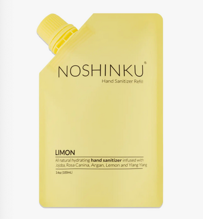 Noshinku Limon hand sanitizer refill pouch with moisturizing botanical ingredients and fresh lemon essential oils.