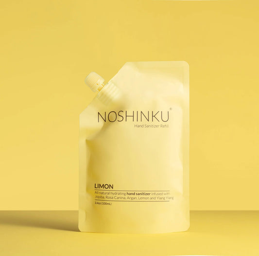 Noshinku Limon hand sanitizer refill pouch with moisturizing botanical ingredients and fresh lemon essential oils.