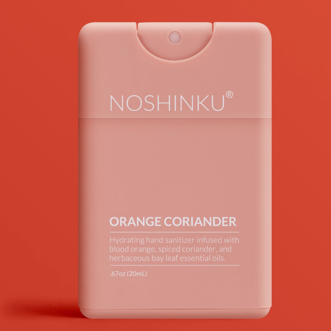 Noshinku Orange Coriander refillable moisturizing hand sanitizer spray with blood orange and coriander essential oils. Exclusively at Area Boutique.