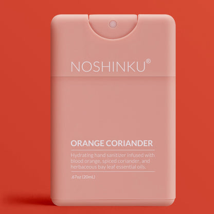 Noshinku Orange Coriander refillable moisturizing hand sanitizer spray with blood orange and coriander essential oils. Exclusively at Area Boutique.