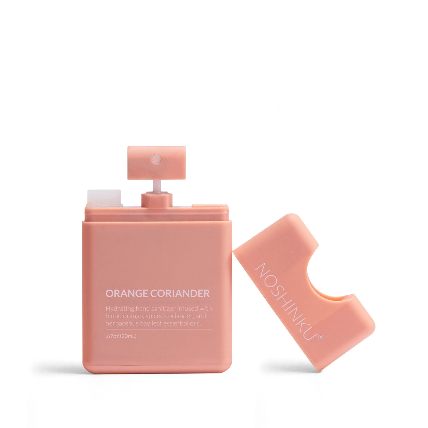 Open Noshinku Orange Coriander refillable moisturizing hand sanitizer spray bottle with blood orange and coriander essential oils. Exclusively at Area Boutique.